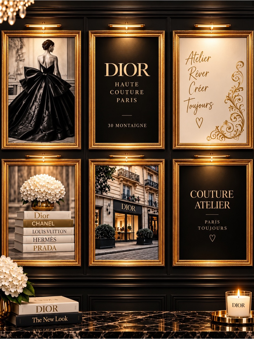 Set of 6 Dior Inspired Couture Prints Black Gold Paris Fashion Wall Art